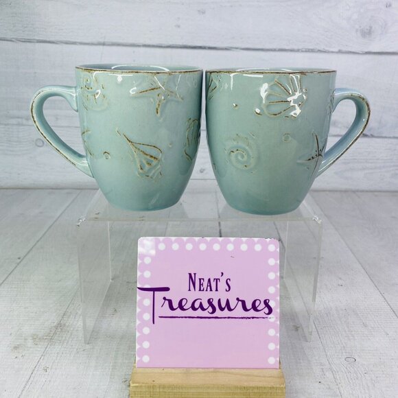 Thomson Pottery CAPE COD Embossed Seashells Stoneware 10.5oz 4"T Cups Mugs Set 2 - Picture 1 of 15